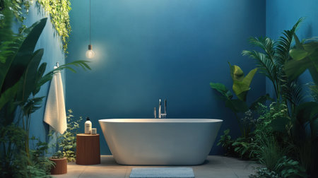 A tranquil blue bathroom with soft lighting, a spacious bathtub surrounded by greenery, and minimalist decor.の素材