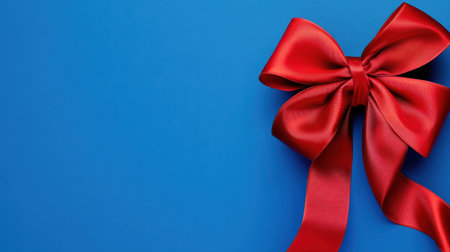 A top-down view of a holiday gift box with a red satin ribbon and bow, isolated on a blue background, creating an elegant space for promotional text.の素材