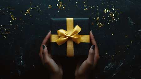 A top-down perspective of a hand offering a black gift box with a yellow satin bow, with gold sequins sparkling on a sleek black surface.の素材