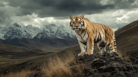 A unique and rare animal, photographed in its remote habitat, its distinctive markings and elegance highlighted against a backdrop of untouched wilderness.の素材