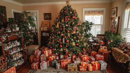 A traditional Christmas tree with vibrant red, green, and gold ornaments, surrounded by heaps of presents tied with ribbons, in a warmly lit home.の素材