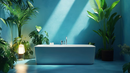 A tranquil blue bathroom with soft lighting, a spacious bathtub surrounded by greenery, and minimalist decor.の素材