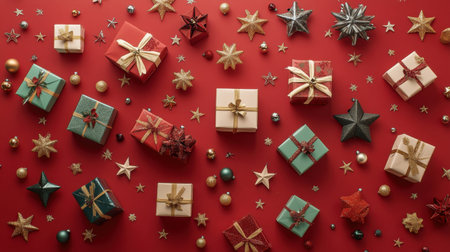 A top view of Christmas gift boxes, stars, and holiday decorations scattered on a red background, with space to promote time-sensitive holiday offers and gifts.の素材