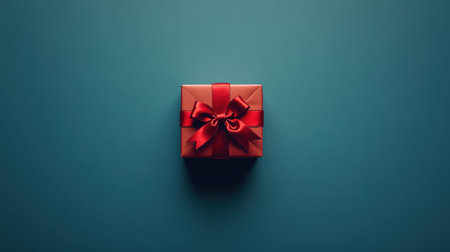 A top-down view of a holiday gift box with a red satin ribbon and bow, isolated on a blue background, creating an elegant space for promotional text.の素材