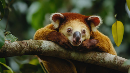 A tree kangaroo resting on a branch in a lush Papua New Guinea rainforest, its soft fur and gentle eyes captivating.の素材