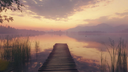 A tranquil lakeside with a wooden pier leading to calm, reflective waters under a pastel evening sky.の素材