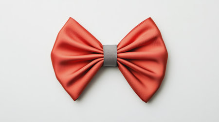 A vibrant red satin ribbon bow with a delicate gray sheen, featuring four loops, arranged flat on a white background for a minimalist style.の素材