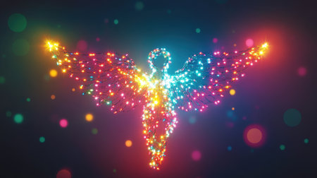 A vibrant multicolored Christmas lights garland forming a glowing D angel shape, set on a transparent background with soft neon hues. Perfect for festive designs.の素材
