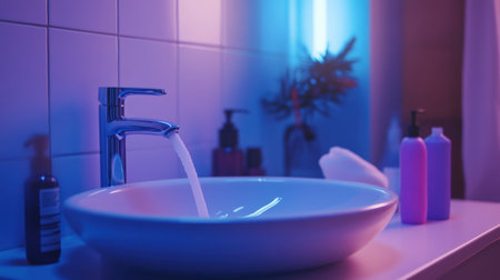 Bathroom interior showing a white sink with a faucet, hand soap, and disinfectant wipes, emphasizing pandemic hygiene practices.の素材