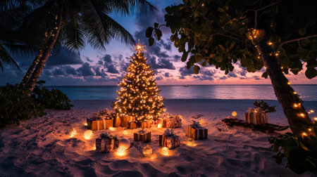 A vibrant tropical holiday display with a Christmas tree decorated with lights and shells, surrounded by gifts, on a pristine Maldives island beach.の素材