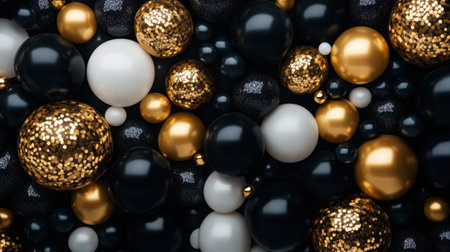 Black, gold, and white balloons arranged in a stunning composition against a dark background, ideal for luxury Black Friday sales or party celebrations.の素材