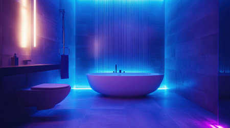Beautiful luxury bathroom interior with a large bathtub, wall-mounted fancy shower, bidet, modern sink, and contemporary toilet, all highlighted by soft ambient lighting.の素材