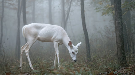 A white-tailed deer with an albino appearance grazing in a misty forest, its pale coat a stark contrast against the dark trees.の素材