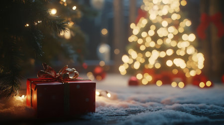 Blank Christmas background with blurred tree, lights, and gifts, perfect for copy space or showcasing festive products.の素材