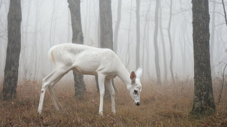 A white-tailed deer with an albino appearance grazing in a misty forest, its pale coat a stark contrast against the dark trees.の素材