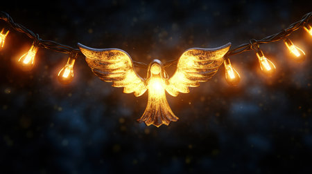 Bright LED light bulb in an angel design, glowing as part of a Christmas garland string on a transparent background.の素材