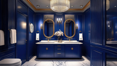 Contemporary luxury bathroom in shades of royal blue, featuring a double vanity, brushed gold fixtures, and a statement chandelier.の素材