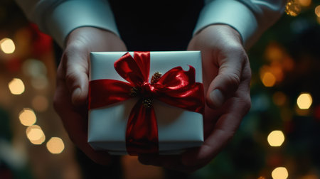 Close-up shot of a mans hands holding a luxurious Christmas gift box with a red ribbon and bow, creating the perfect surprise moment.の素材