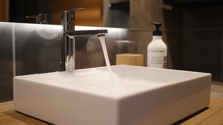Close-up of a sink with running water, soap lather on hands, and a disinfectant spray bottle on the side, emphasizing cleanliness.の素材