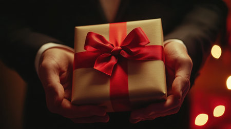 Close-up of a mans hands holding a sophisticated Christmas gift box wrapped with a red ribbon and bow, ready for the holiday season.の素材