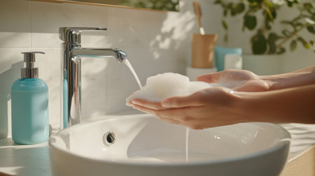 Close-up of hands using liquid soap from a dispenser next to a white ceramic sink with a polished faucet, emphasizing hygiene during COVID-.の素材