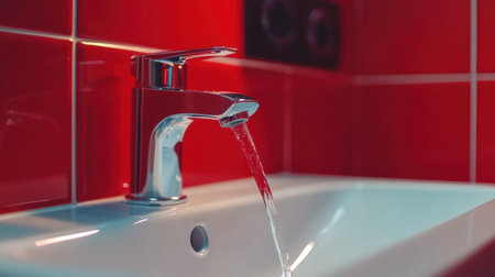 Close-up of a polished chrome faucet pouring water into a white ceramic sink in a contemporary bathroom.の素材