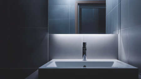Contemporary bathroom interior featuring a sleek rectangular sink basin, a chrome faucet, and a large frameless mirror on a tiled wall.の素材