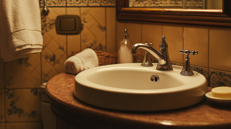 Compact bathroom with a round white sink, a silver faucet, and decorative items like soap dishes and towels.の素材