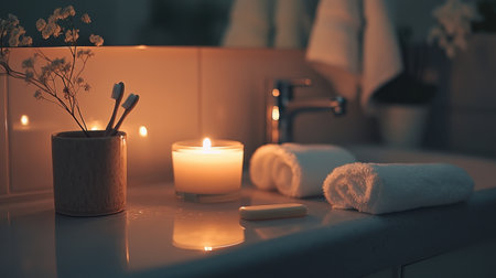 Close-up shot of a bathroom with neatly arranged toiletries soap, a toothbrush holder, and a candle for a relaxing ambiance.の素材