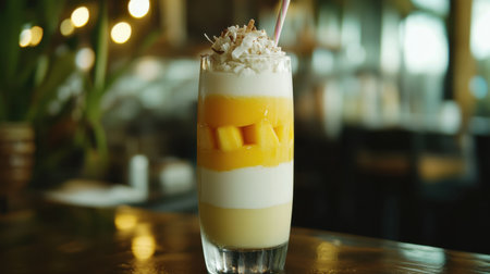 A close-up of a tropical smoothie in a tall glass with layers of mango, pineapple, and coconut, served with a paper straw.の素材