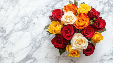A top-down view of a rose arrangement in shades of red, yellow, and orange, styled on a white marble surface.の素材