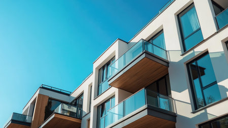 A stunning view of a modern stylish apartment complex featuring sleek architecture, glass balconies, and a bright blue sky. Perfect for urban lifestyle themes.の素材