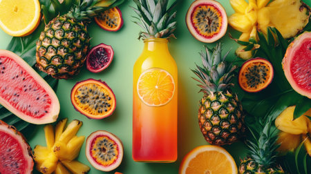 A bright tropical energy drink in a bottle, surrounded by fresh fruit like pineapple and passion fruit, evoking a summer vibe.の素材