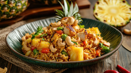 A tropical plate of Thai pineapple fried rice, filled with chicken, cashews, and a hint of sweetness, served in a pineapple shell.の素材