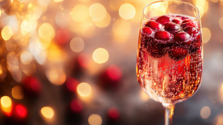 A sparkling cranberry mocktail in a champagne flute, with fresh cranberries floating in bubbly liquid, against a holiday-themed background.の素材