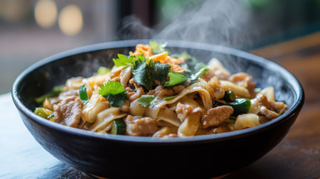 A steaming bowl of Pad See Ew, stir-fried flat rice noodles with vegetables and tender slices of pork, garnished with fresh cilantro.の素材