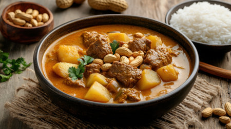A rich and creamy Thai massaman curry with beef, potatoes, and peanuts, served in a traditional bowl with rice on the side.の素材