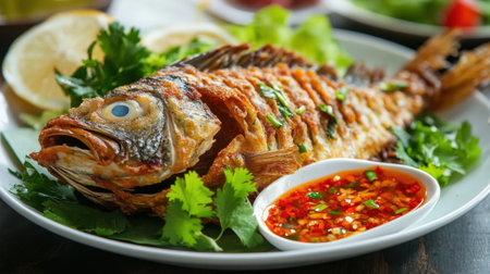 A traditional Thai dish of crispy fried fish, served with a spicy chili sauce and fresh herbs on the side.の素材