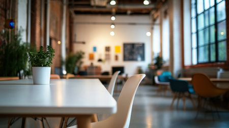 Soft-focus image of a stylish, fully furnished modern office with white interiors, showcasing an open workspace perfect for background design.の素材