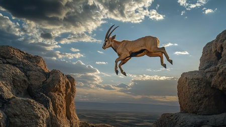 A Nubian ibex leaping gracefully between two rocky ledges in the desert highlands of Ethiopia, framed by a dramatic sky.の素材