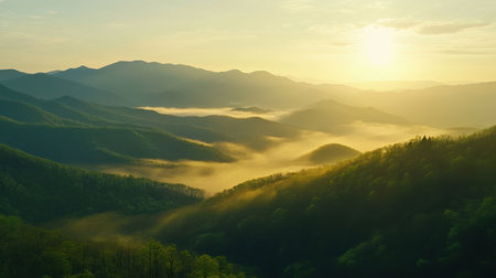 A misty sunrise over the Smoky Mountains, with layers of green ridges and valleys bathed in warm spring light.の素材