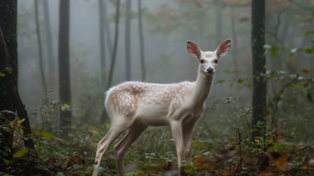 A rare white-tailed deer with an almost albino appearance, standing in a misty forest with its strikingly pale fur contrasting against the dark woods.の素材