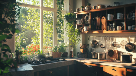 A sunlit kitchen with vintage cookware, hanging plants, and a window overlooking a blooming garden.の素材