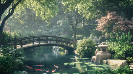 A tranquil Japanese garden with a koi pond, arched bridge, and lush greenery, setting a serene and elegant background.の素材