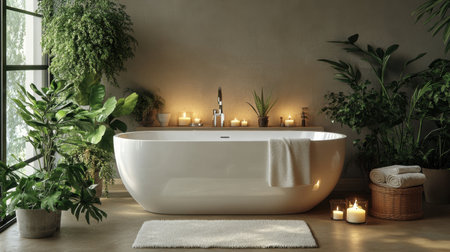 Beautiful bathroom setup with a luxurious freestanding bathtub, surrounded by candles, plants, and plush towels for a spa-like feel.の素材