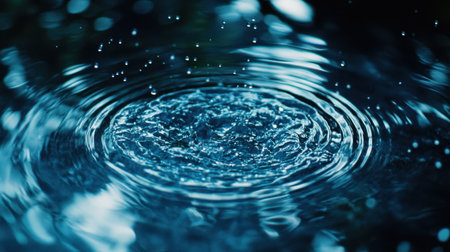 Close-up of blue water with rain drops forming circle ripples, highlighting the delicate interaction between water and raindrops.の素材