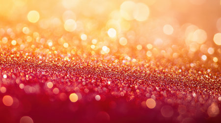 Elegant abstract golden bokeh with shimmering dust particles on a warm gradient of red and orange hues, creating a festive holiday atmosphere.の素材