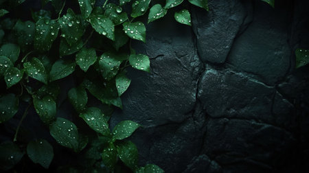 Dark, moody backdrop with water droplets on fresh green leaves, creating a serene and natural atmosphere perfect for nature-themed photography.の素材