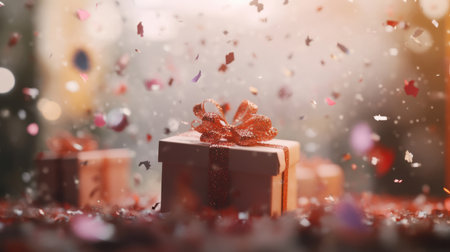 Elegant Christmas scene with beautifully wrapped gift boxes, falling confetti, and soft bokeh lights, perfect for holiday celebrations.の素材