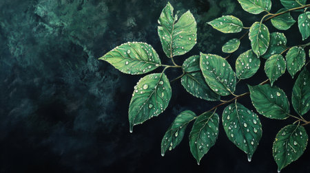 Fresh green leaves with water droplets, set against a dark, dramatic backdrop, evoking the quiet elegance and beauty of nature.の素材